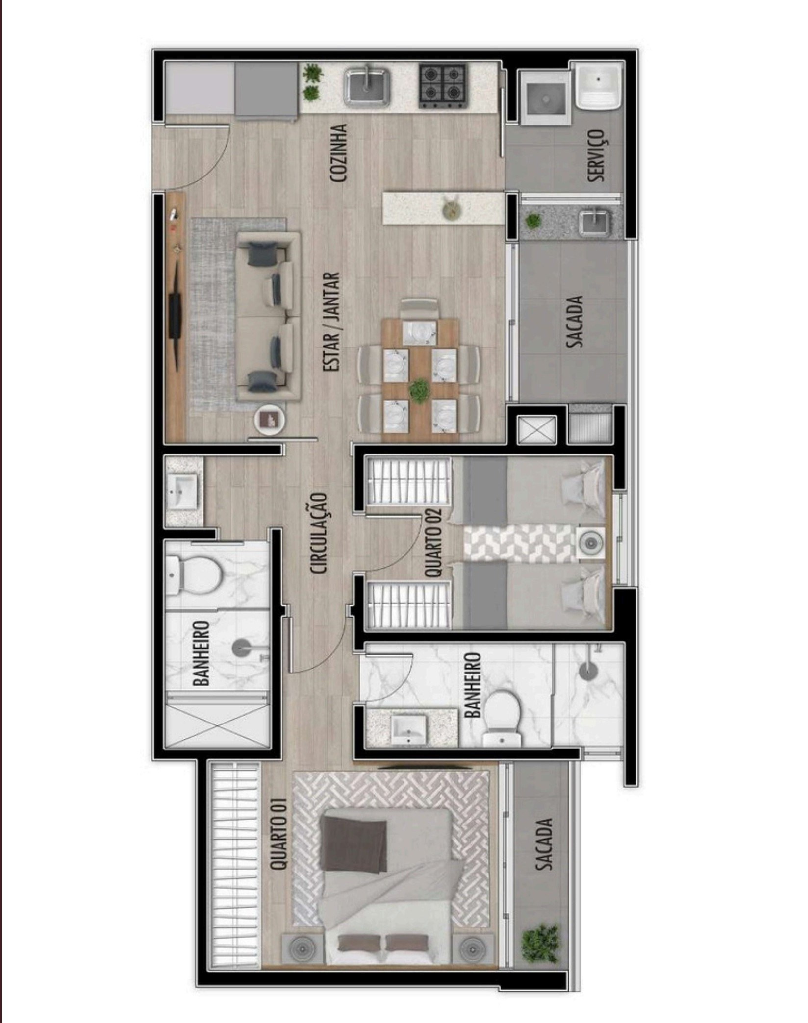 Planta — 2 dormitórios c/ suíte